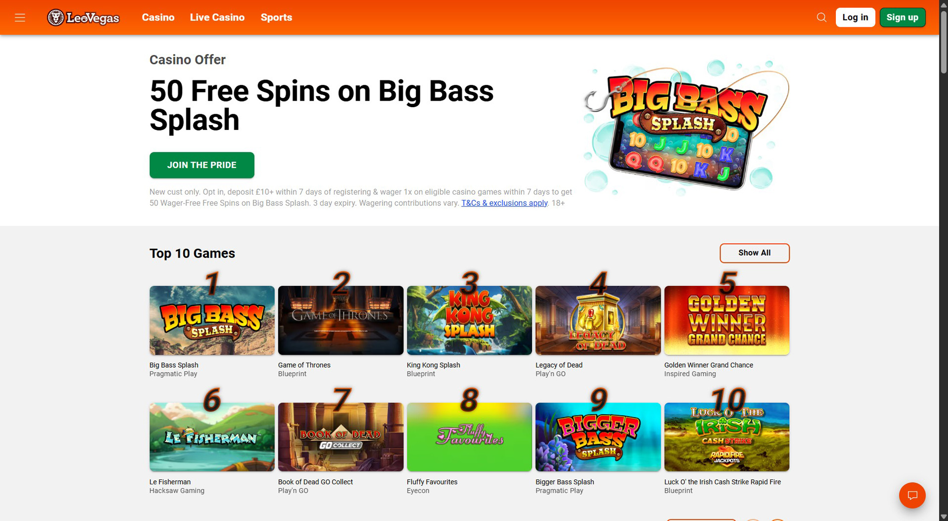 8. LeoVegas - Popular Jeton Casino Bonus